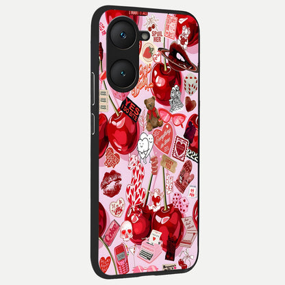  Sweet Cherry Chaos back cover for iQOO Z9 lite slim fit glass case with vibrant aesthetic design
