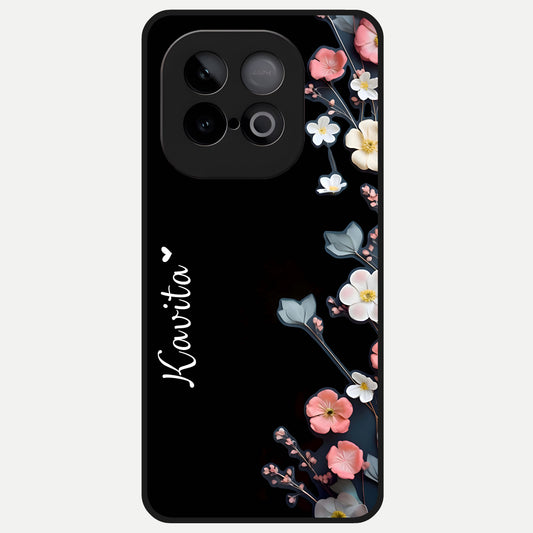  Black Elegance Floral Custom Name Glass Case for iQOO Neo 10 back cover – full design glossy printed glass finish