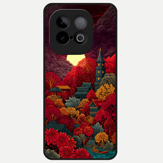  Scarlet Autumn Temple Glass Case for iQOO Neo 10 back cover – full design glossy printed glass finish