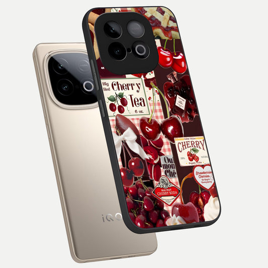  Aesthetic Cherry Tea phone case for iQOO Neo 10 showing premium glass back cover with detailed artwork