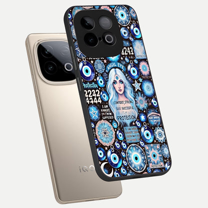  Angel Aura Shield phone case for iQOO Neo 10 showing premium glass back cover with detailed artwork