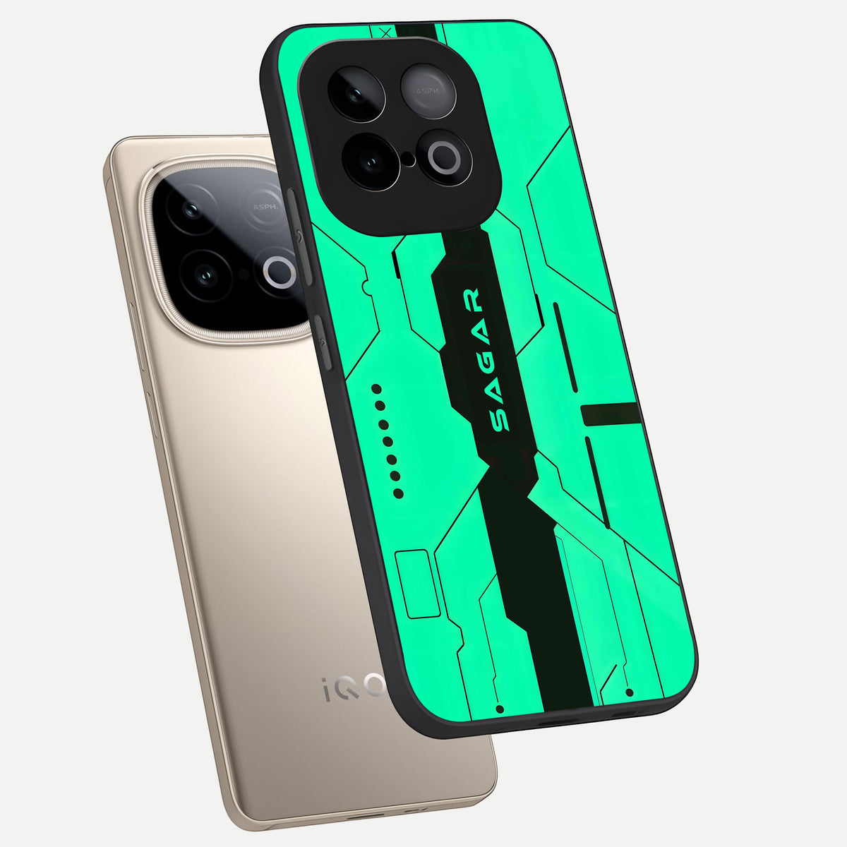  Aqua Tech CYBERPUNK Custom Name phone case for iQOO Neo 10 showing premium glass back cover with detailed artwork