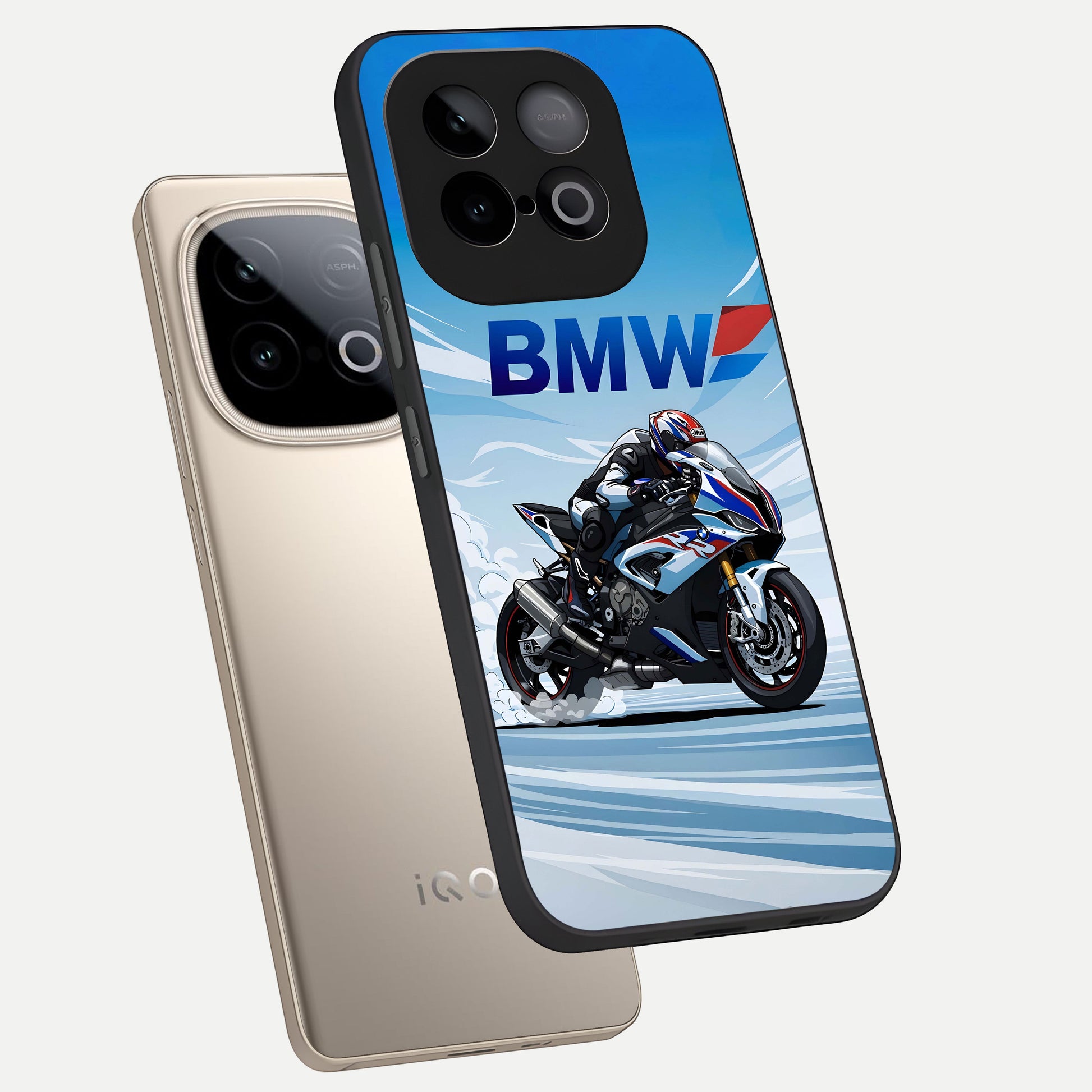  BMW Power Drift phone case for iQOO Neo 10 showing premium glass back cover with detailed artwork