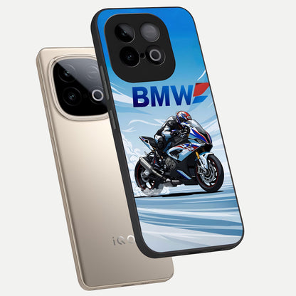  BMW Power Drift phone case for iQOO Neo 10 showing premium glass back cover with detailed artwork