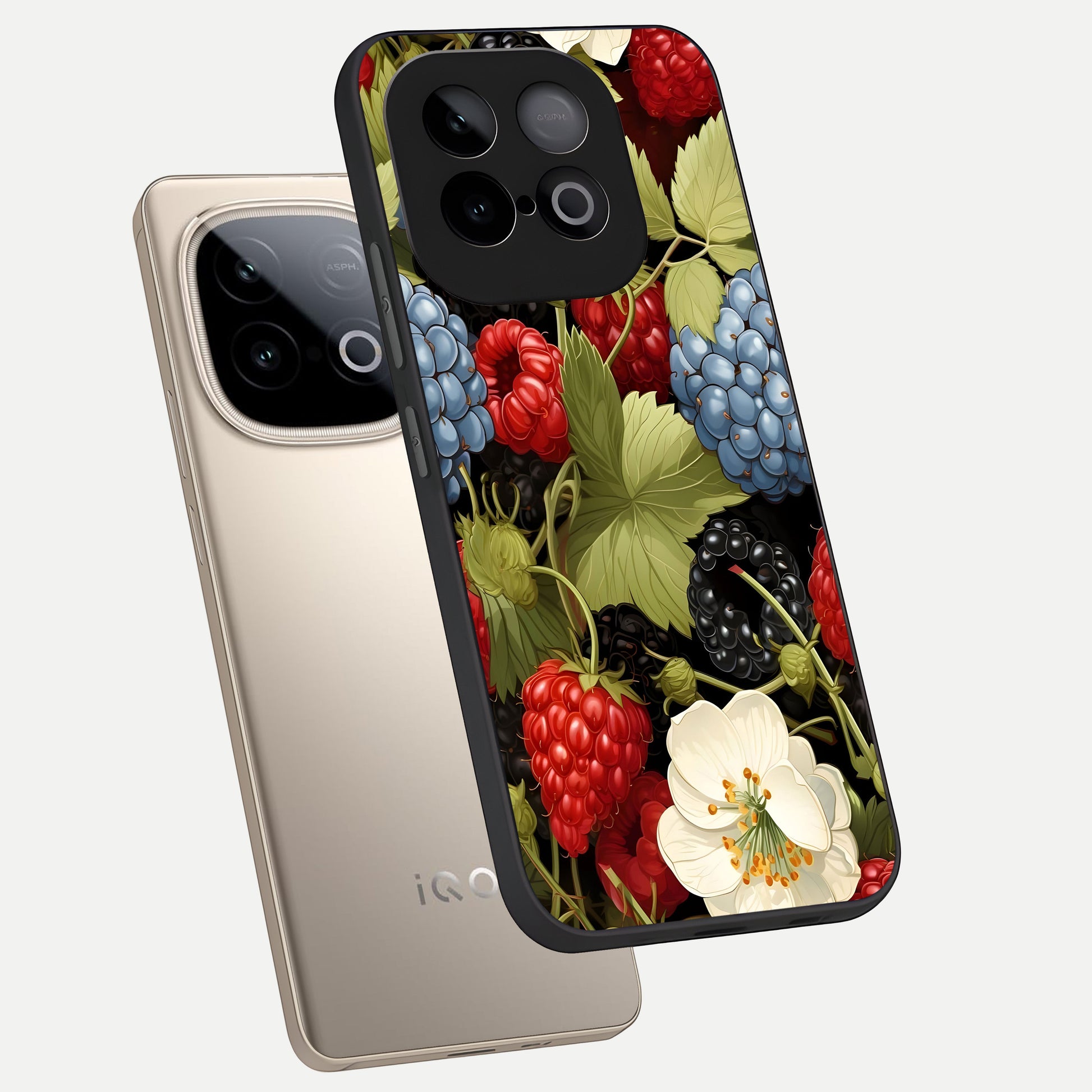  Berry Bloom Charm phone case for iQOO Neo 10 showing premium glass back cover with detailed artwork