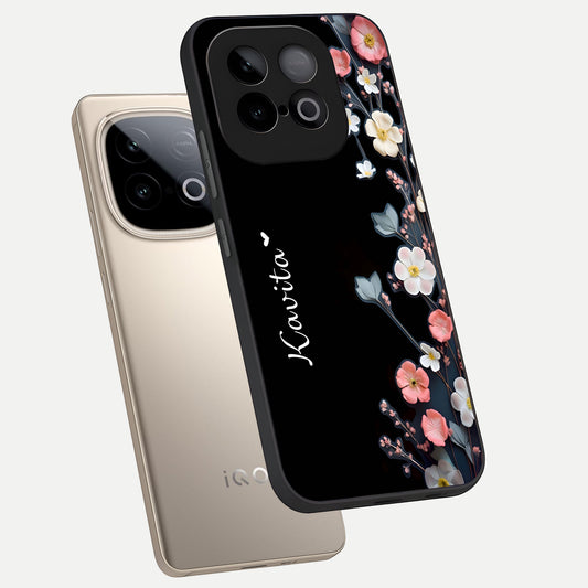  Black Elegance Floral Custom Name phone case for iQOO Neo 10 showing premium glass back cover with detailed artwork