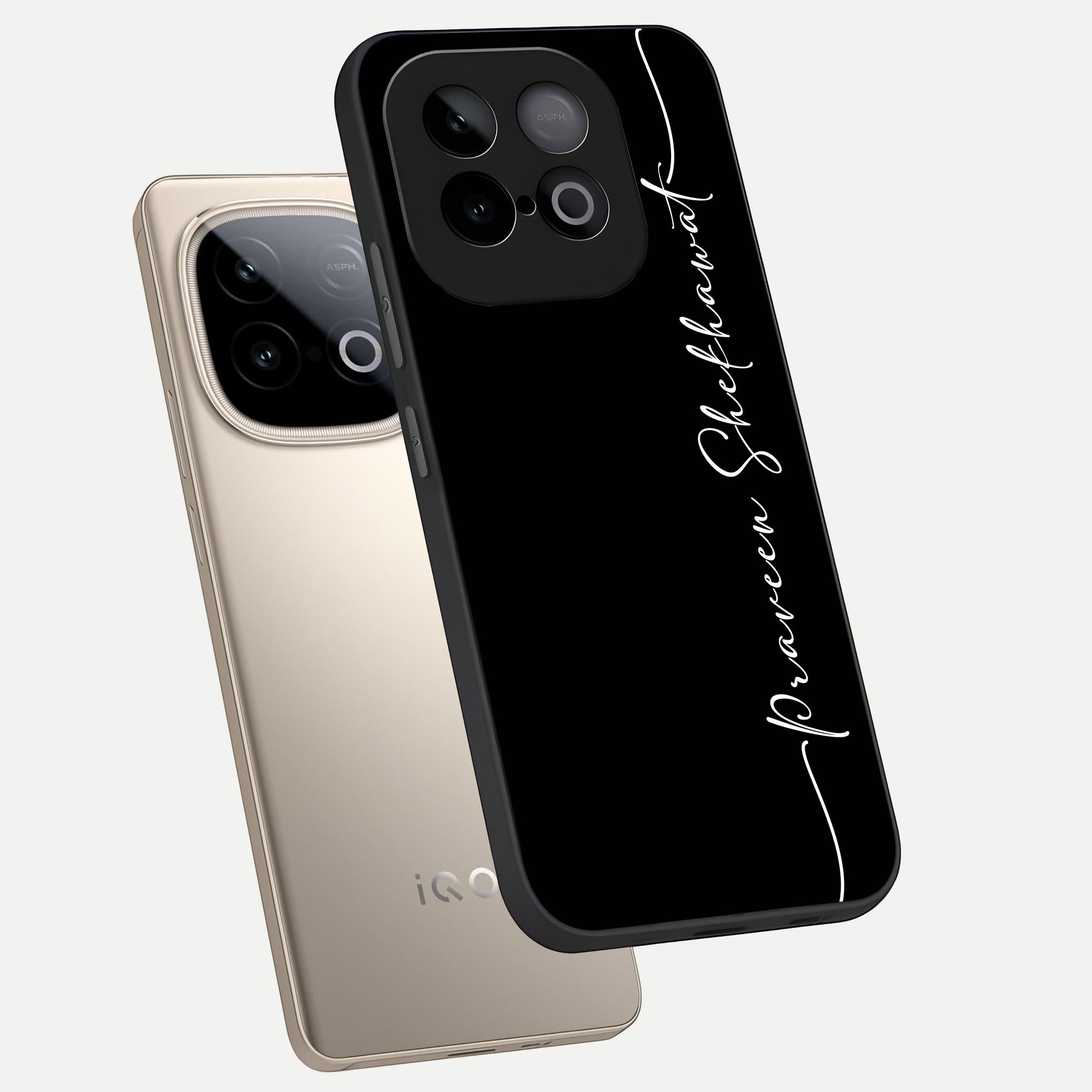  Black Tune Custom Name phone case for iQOO Neo 10 showing premium glass back cover with detailed artwork