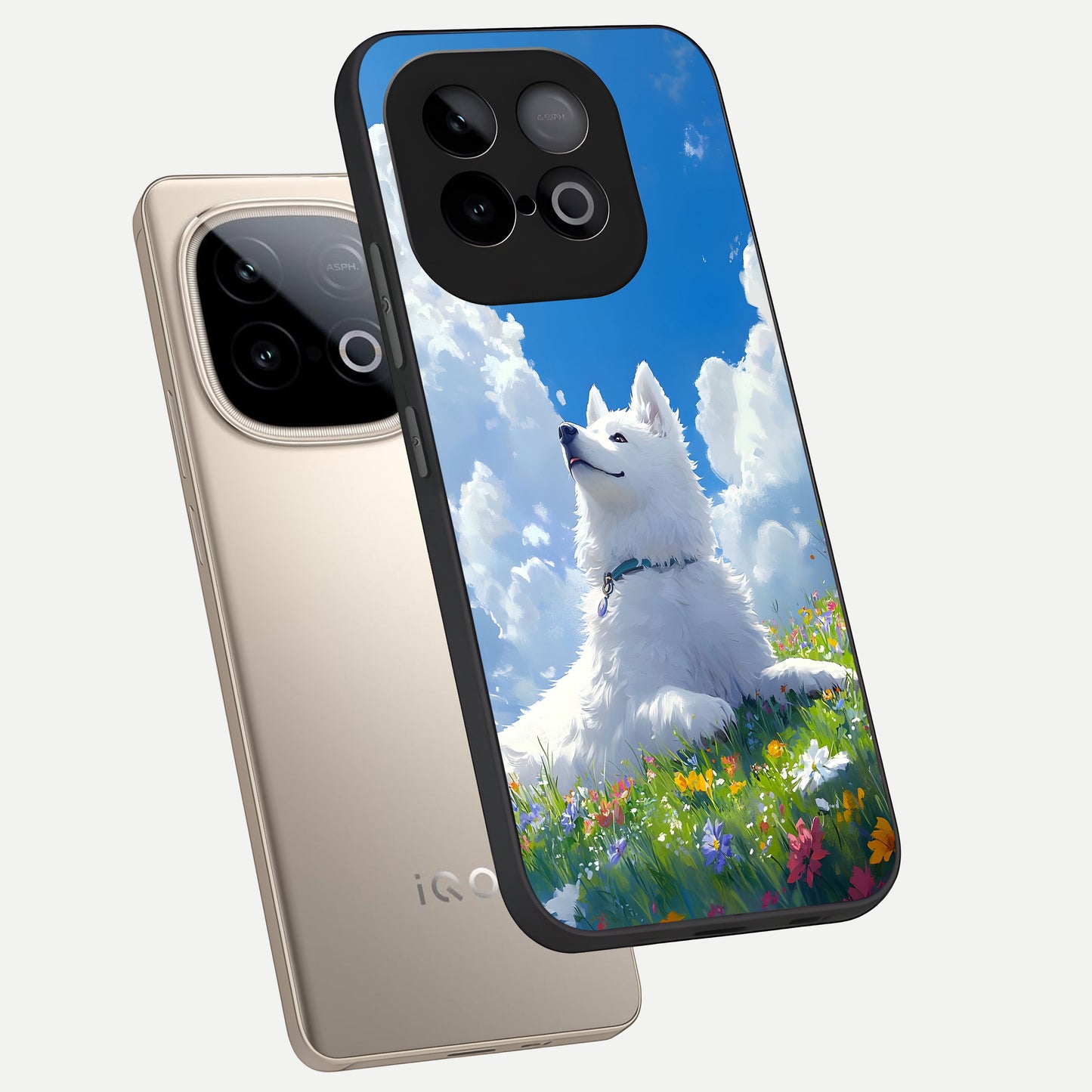  Blissful Cloud Pup phone case for iQOO Neo 10 showing premium glass back cover with detailed artwork