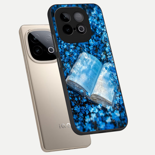  Blue Bloom Tales phone case for iQOO Neo 10 showing premium glass back cover with detailed artwork