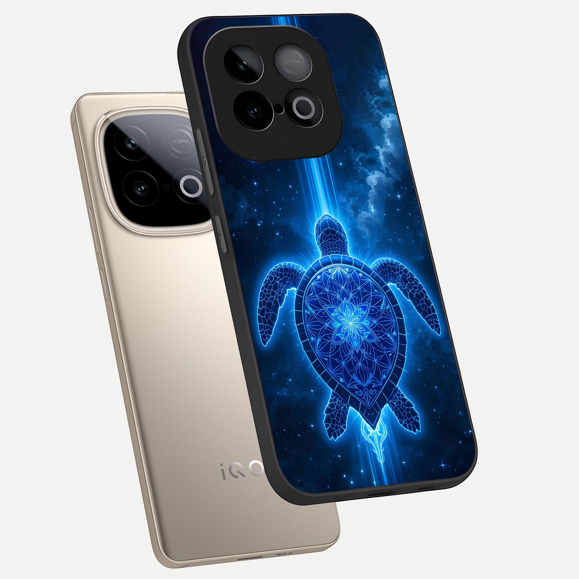  Blue Galaxy Turtle phone case for iQOO Neo 10 showing premium glass back cover with detailed artwork