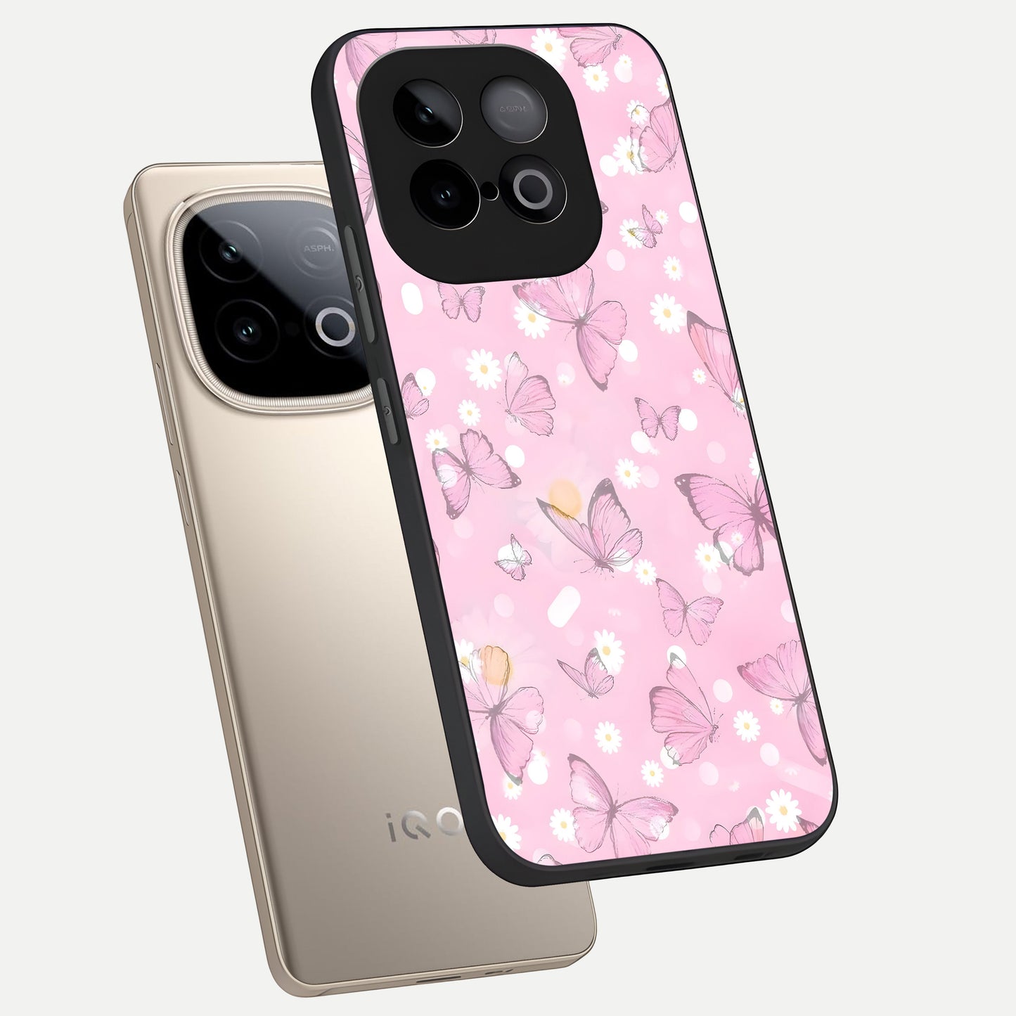  Blush Butterfly Garden phone case for iQOO Neo 10 showing premium glass back cover with detailed artwork