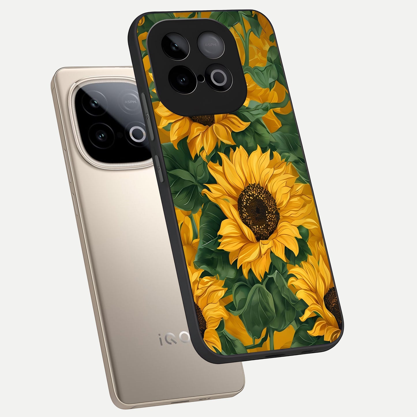  Bright Sunflower Bloom phone case for iQOO Neo 10 showing premium glass back cover with detailed artwork
