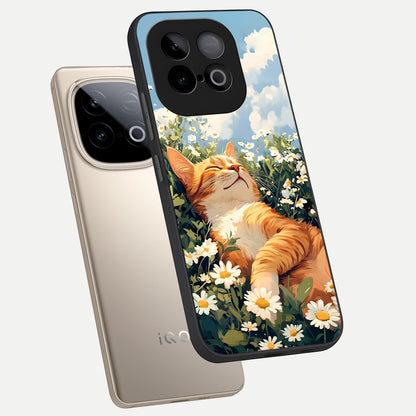  Cat And Flowers View phone case for iQOO Neo 10 showing premium glass back cover with detailed artwork