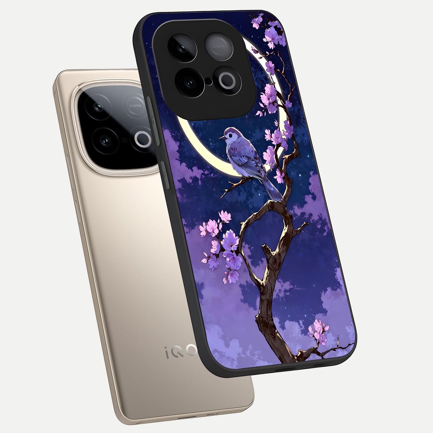  Celestial Bird Blossom phone case for iQOO Neo 10 showing premium glass back cover with detailed artwork