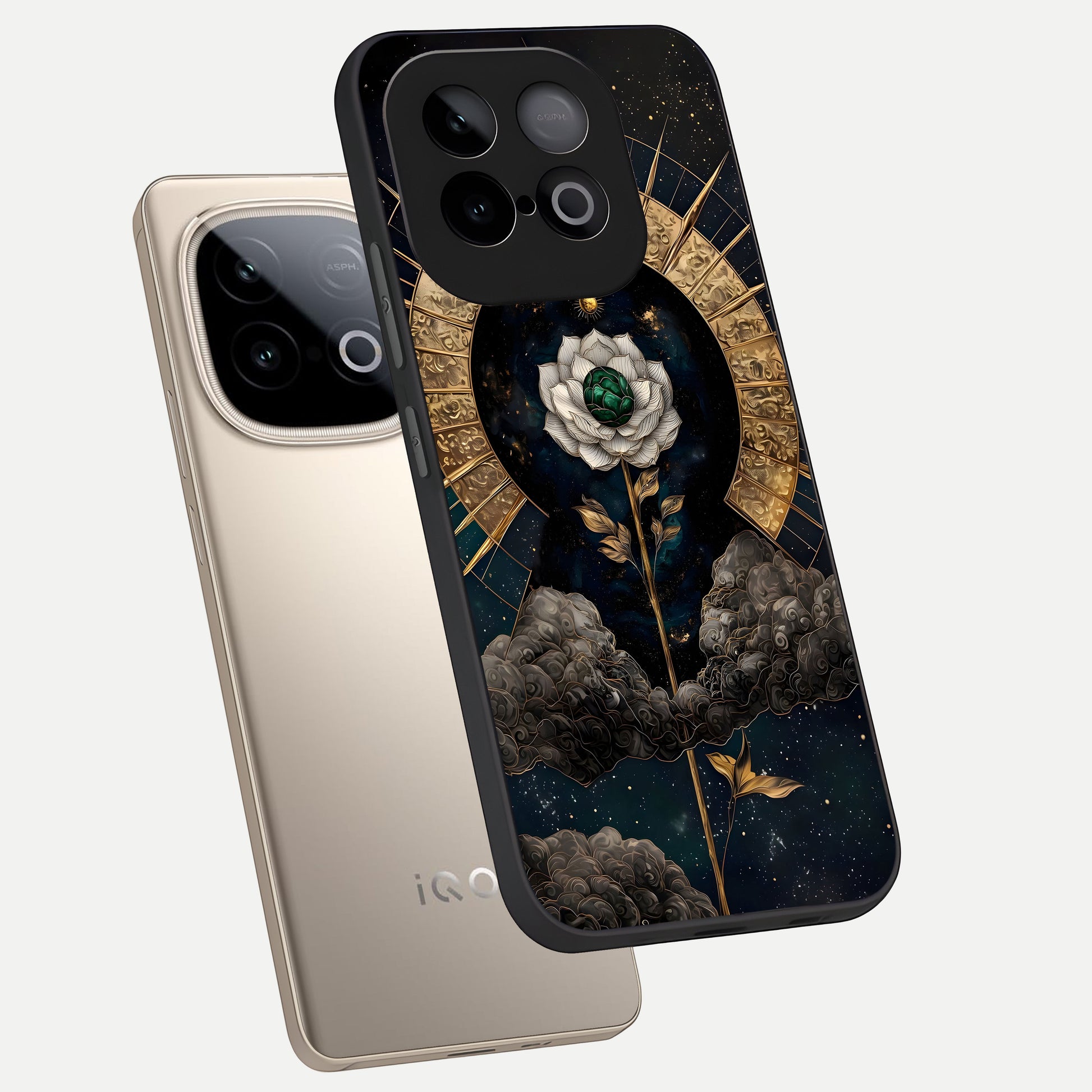  Celestial Lotus Morang phone case for iQOO Neo 10 showing premium glass back cover with detailed artwork