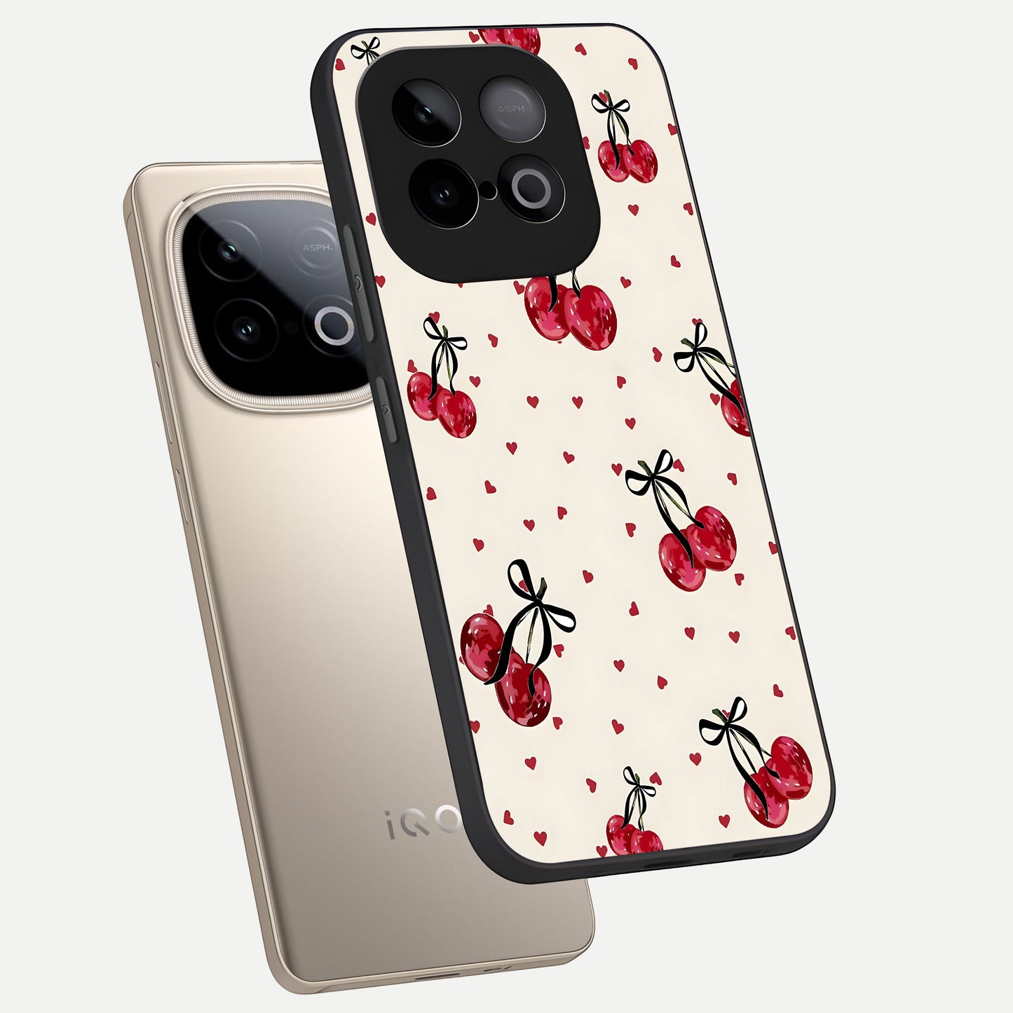  Cherry Heart Bow phone case for iQOO Neo 10 showing premium glass back cover with detailed artwork