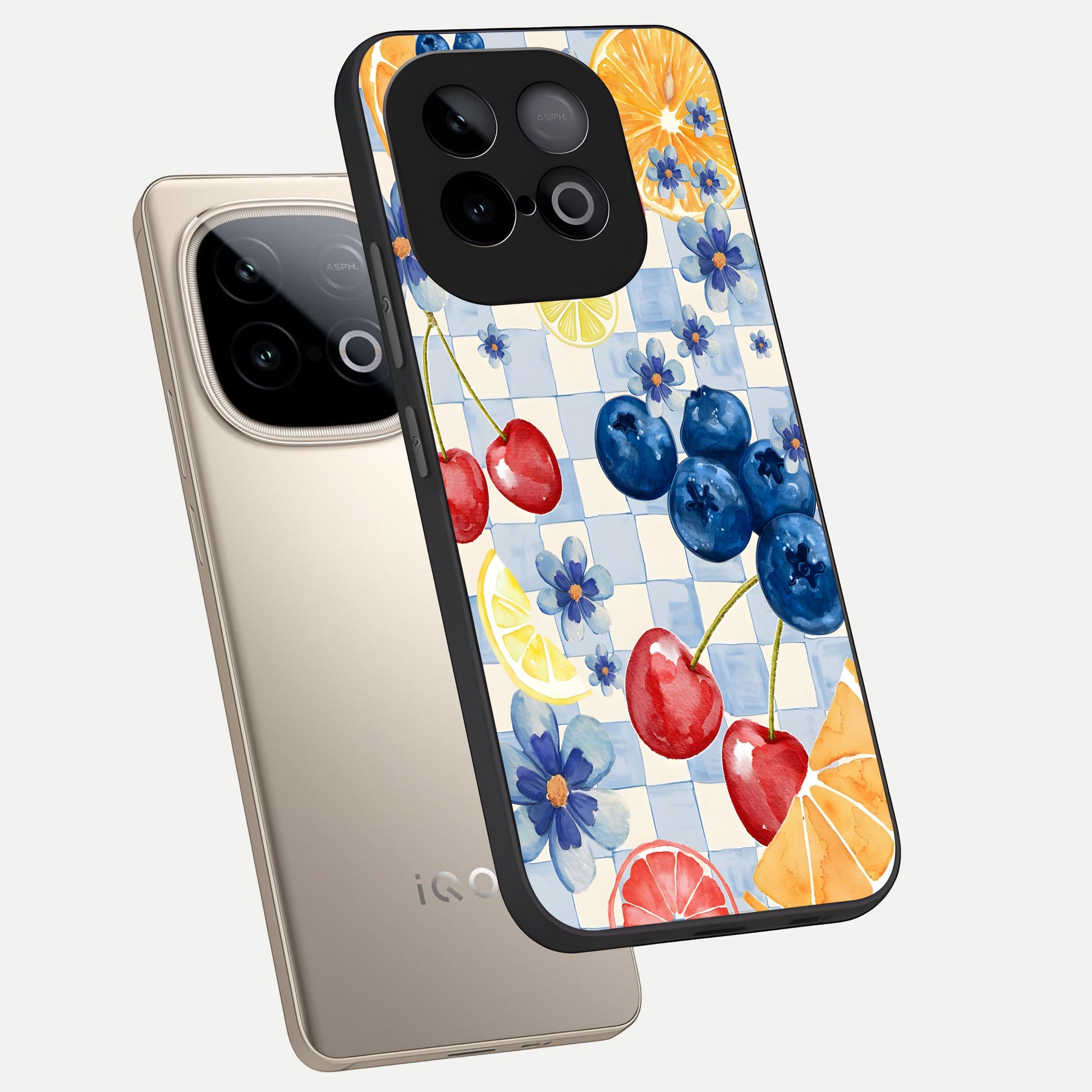  Citrus Bloom Joy phone case for iQOO Neo 10 showing premium glass back cover with detailed artwork