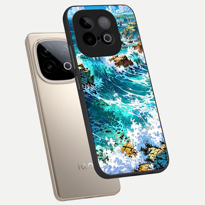  Coastal Blue Waves phone case for iQOO Neo 10 showing premium glass back cover with detailed artwork