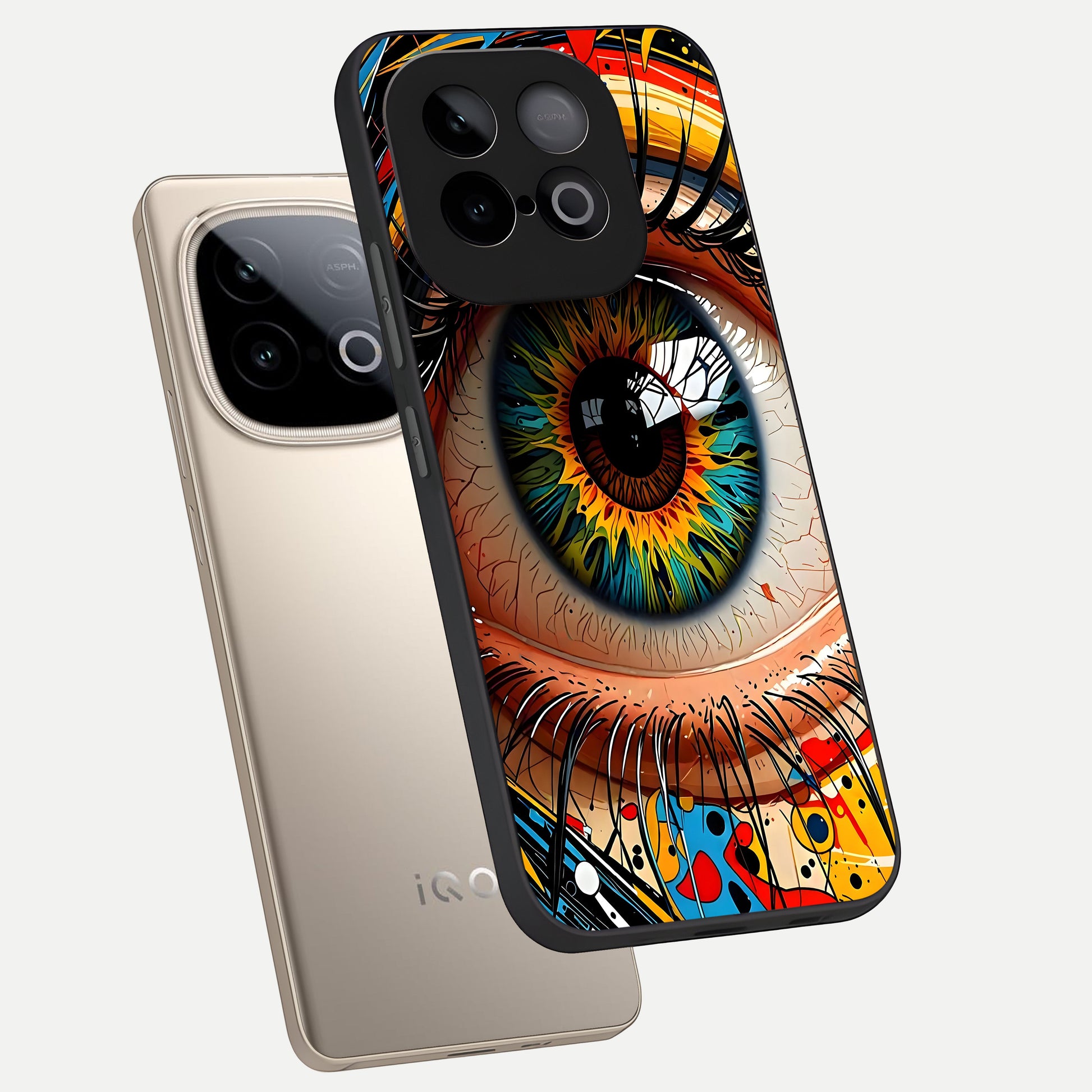  Colorful Eye phone case for iQOO Neo 10 showing premium glass back cover with detailed artwork