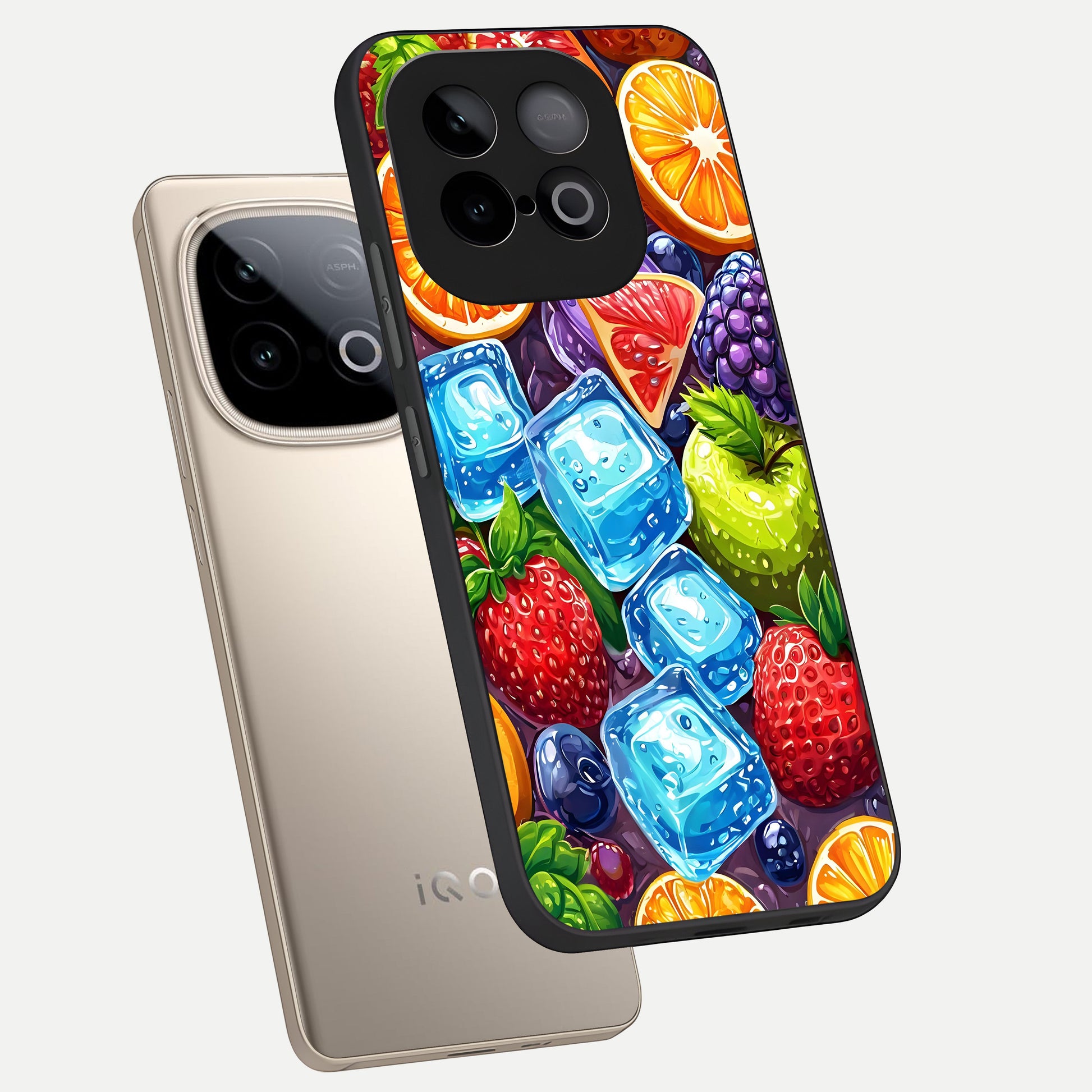  Colorful Fruits with Ice phone case for iQOO Neo 10 showing premium glass back cover with detailed artwork