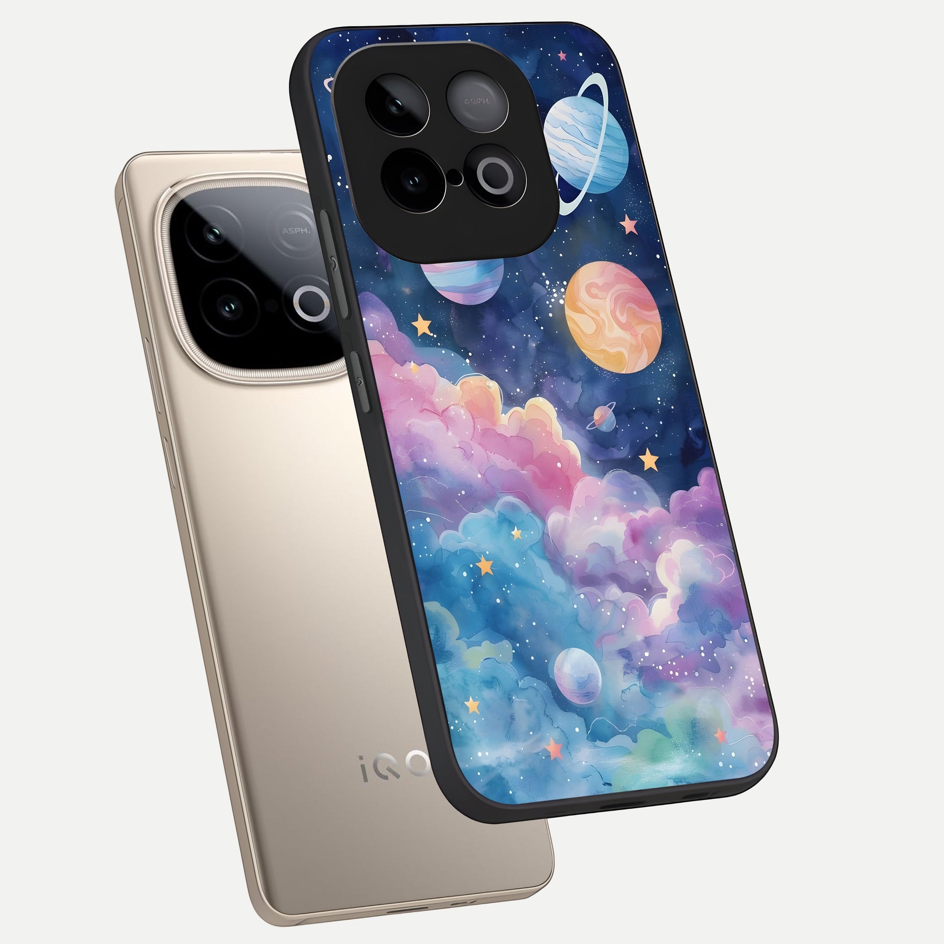  Cosmic Planet Dreams phone case for iQOO Neo 10 showing premium glass back cover with detailed artwork
