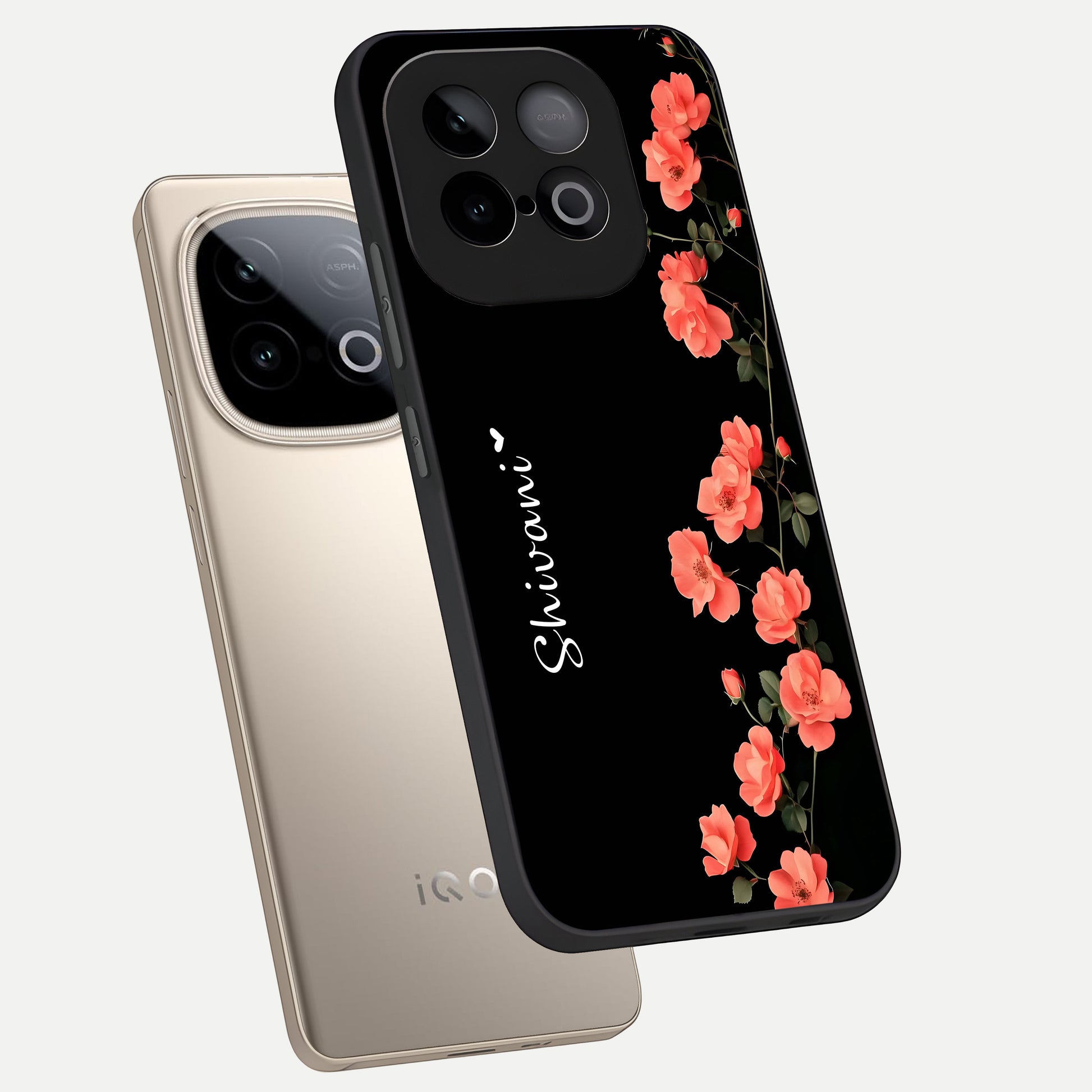  Crimson Bloom Grace Custom Name phone case for iQOO Neo 10 showing premium glass back cover with detailed artwork