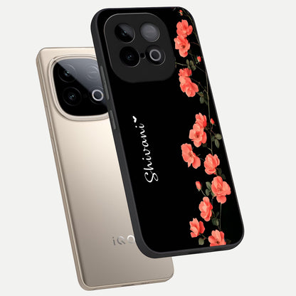  Crimson Bloom Grace Custom Name phone case for iQOO Neo 10 showing premium glass back cover with detailed artwork