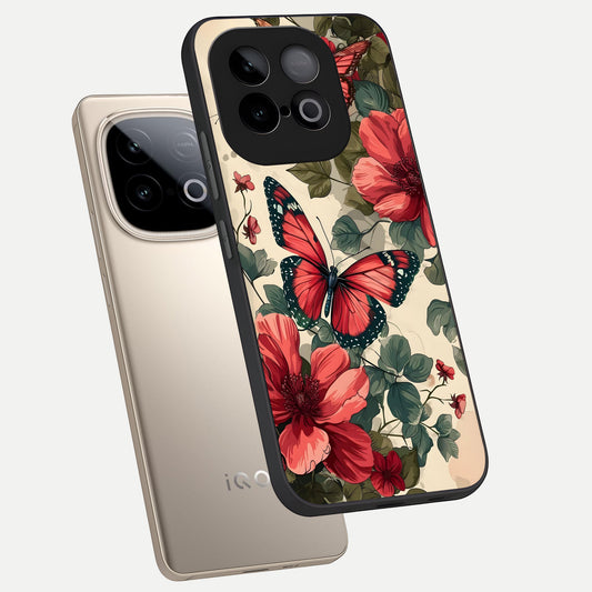 Crimson Butterfly Garden phone case for iQOO Neo 10 showing premium glass back cover with detailed artwork