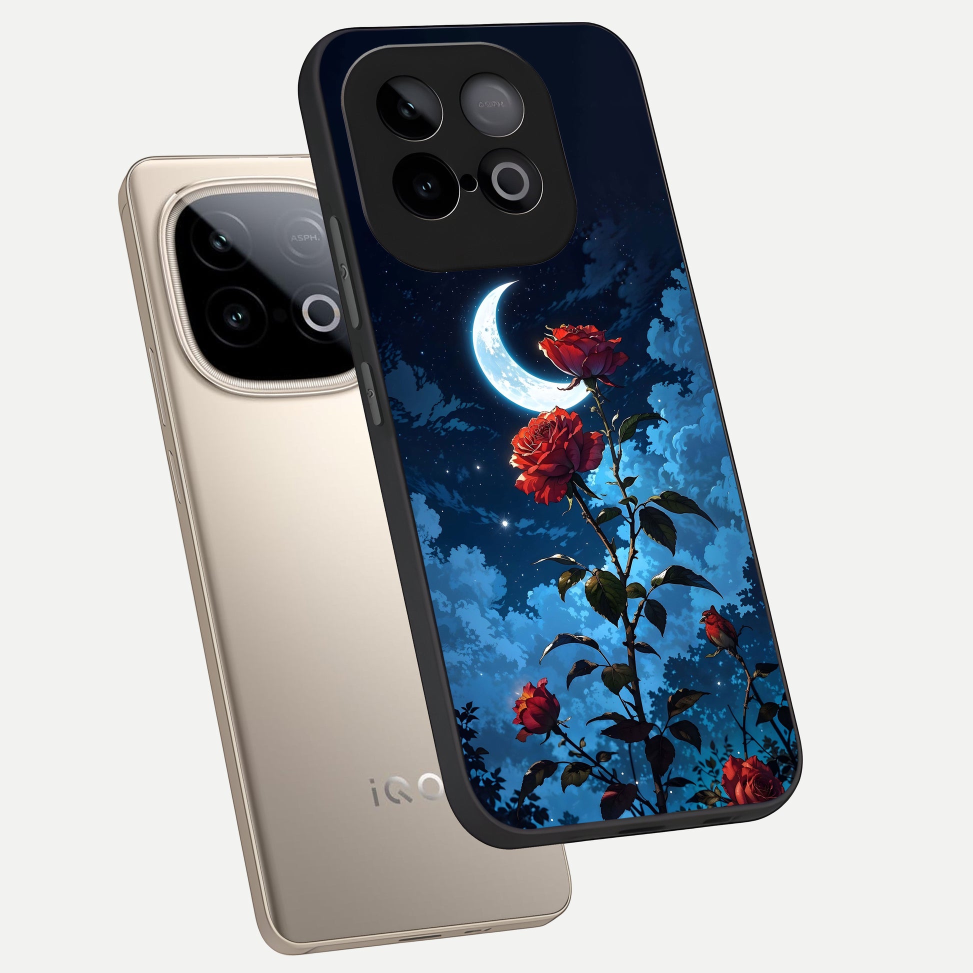 Crimson Rose Moon phone case for iQOO Neo 10 showing premium glass back cover with detailed artwork