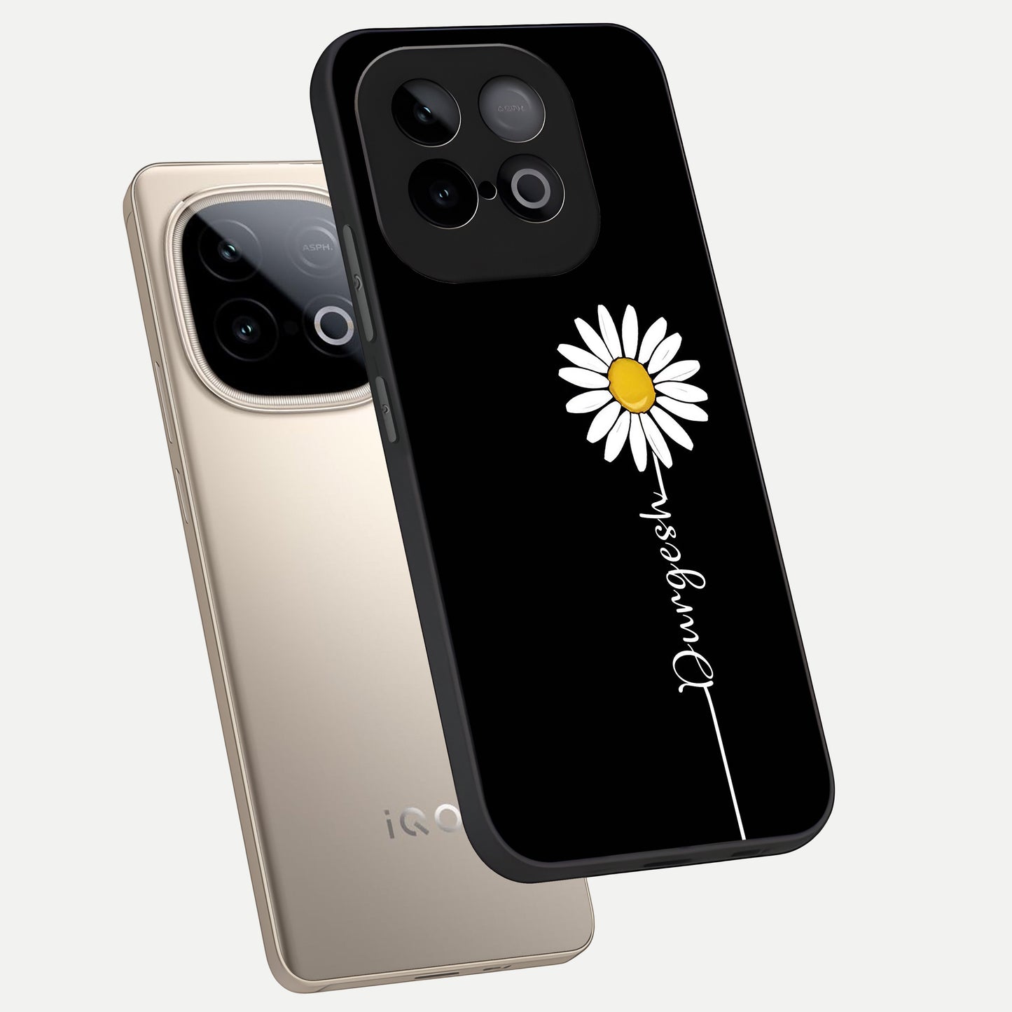  Custom Name White Flower phone case for iQOO Neo 10 showing premium glass back cover with detailed artwork