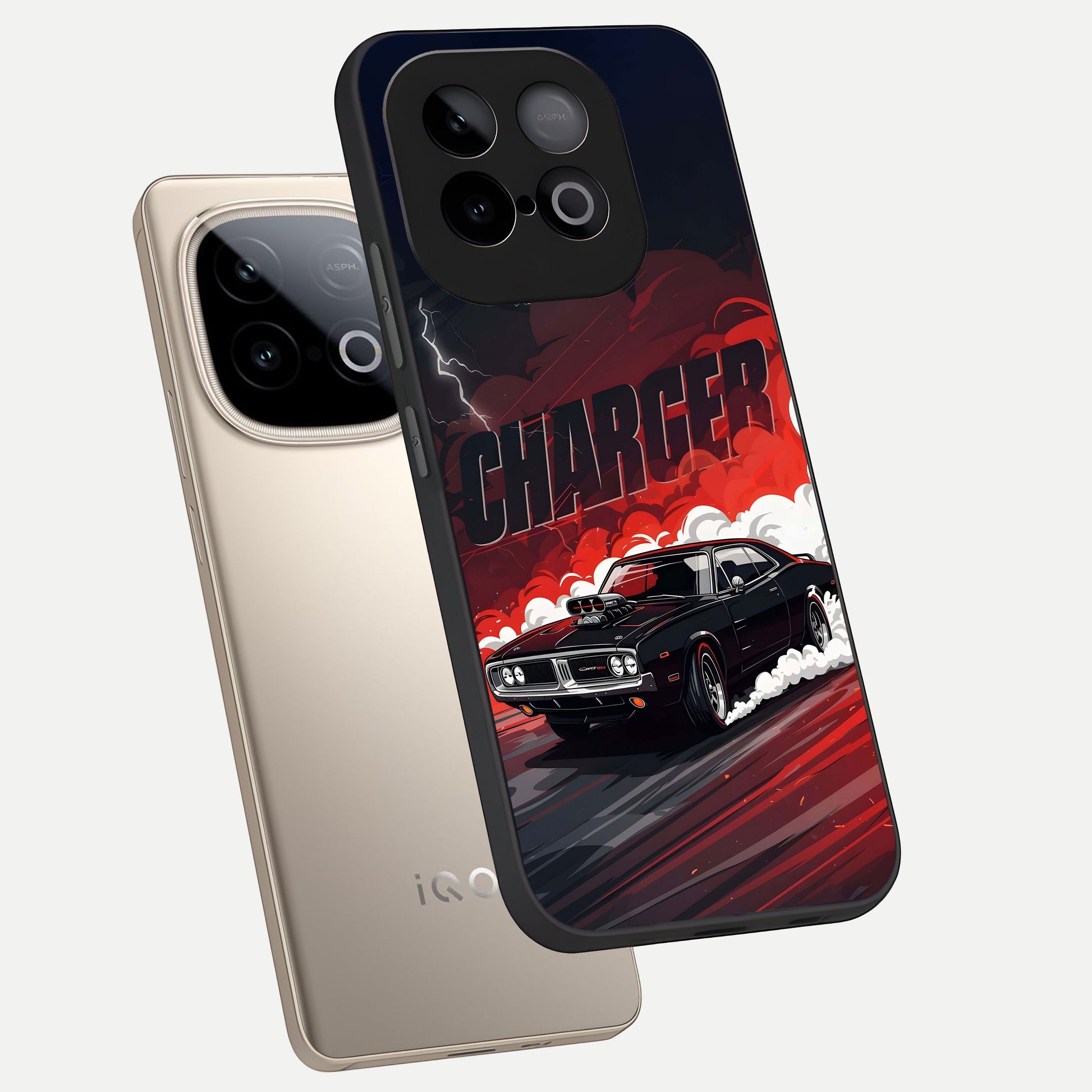  Dark Charger Fury phone case for iQOO Neo 10 showing premium glass back cover with detailed artwork
