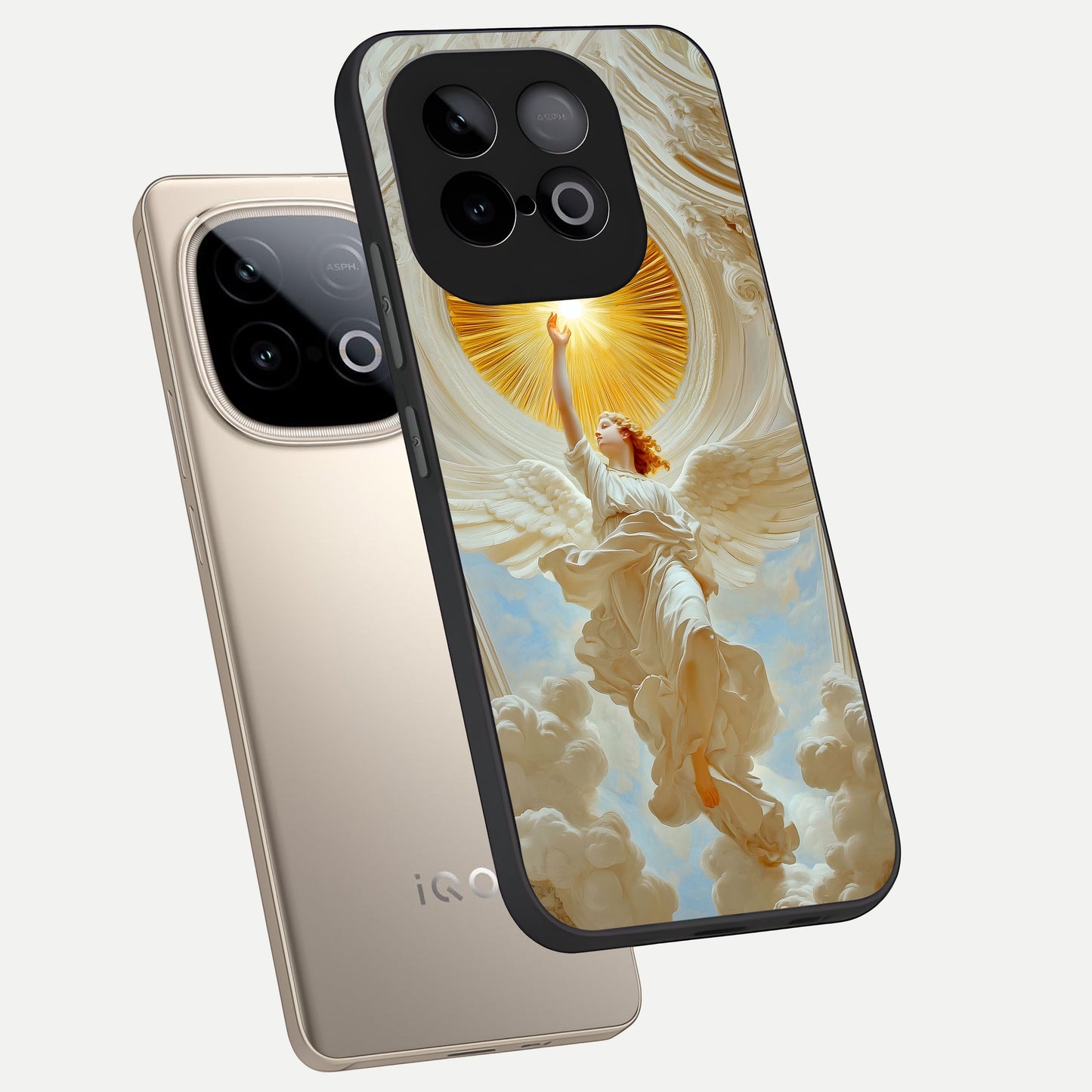  Divine Light Angel phone case for iQOO Neo 10 showing premium glass back cover with detailed artwork