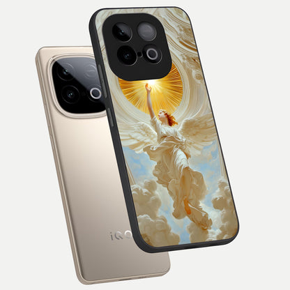  Divine Light Angel phone case for iQOO Neo 10 showing premium glass back cover with detailed artwork