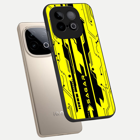  Electric Pulse CYBERPUNK Custom Name phone case for iQOO Neo 10 showing premium glass back cover with detailed artwork