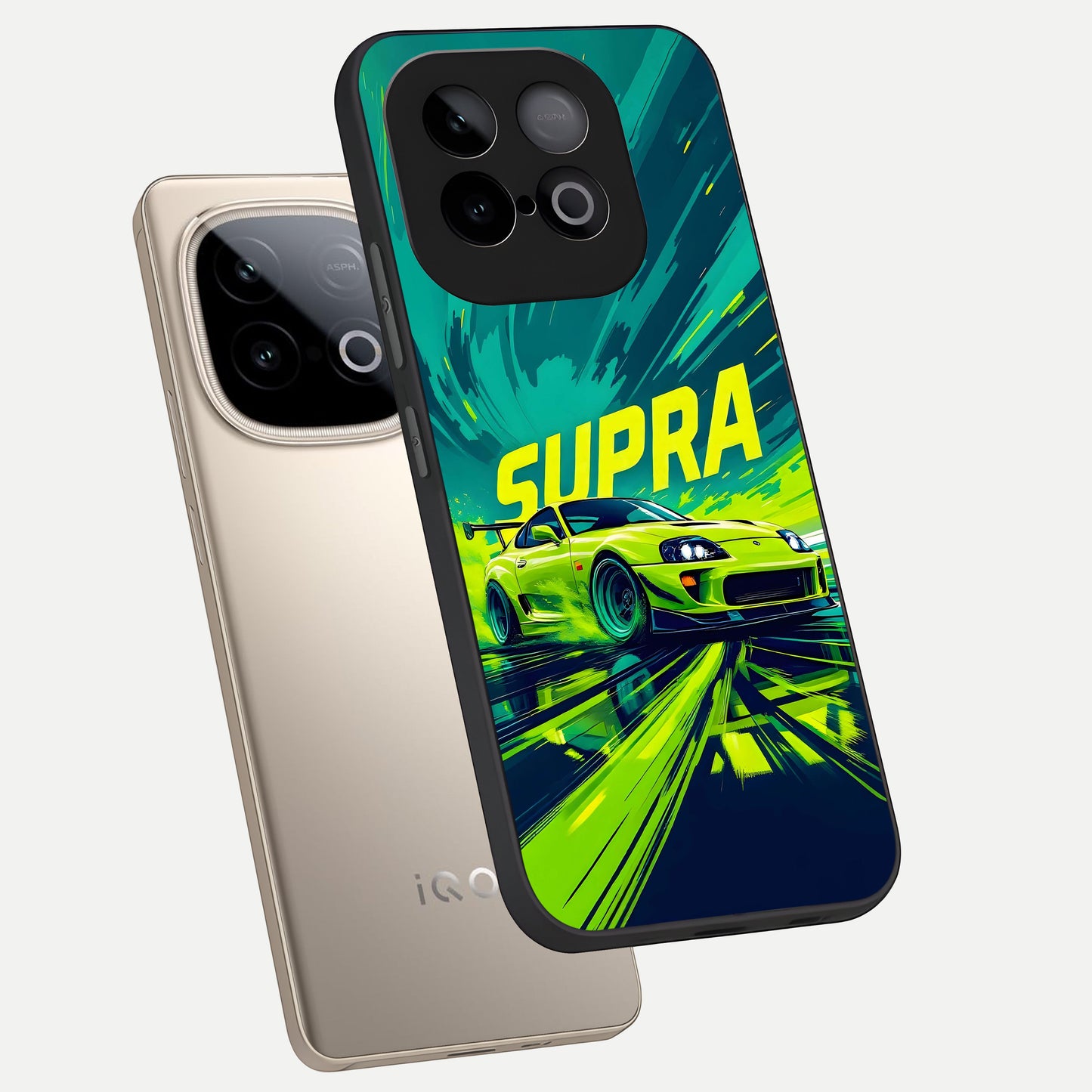  Electric Supra Thunder phone case for iQOO Neo 10 showing premium glass back cover with detailed artwork