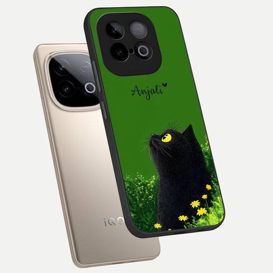  Emerald Cat Custom Name phone case for iQOO Neo 10 showing premium glass back cover with detailed artwork
