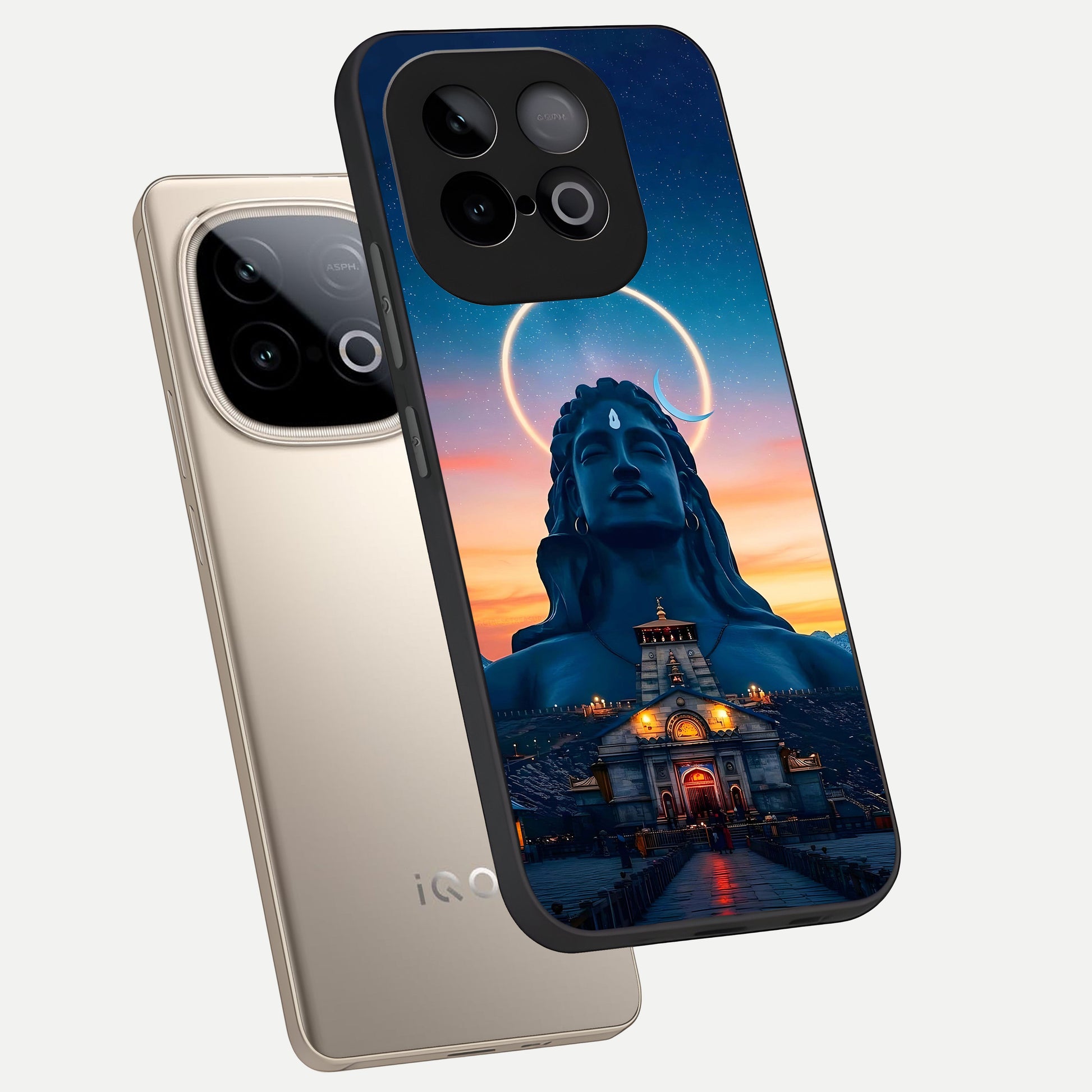  Eternal Shiva Aura phone case for iQOO Neo 10 showing premium glass back cover with detailed artwork