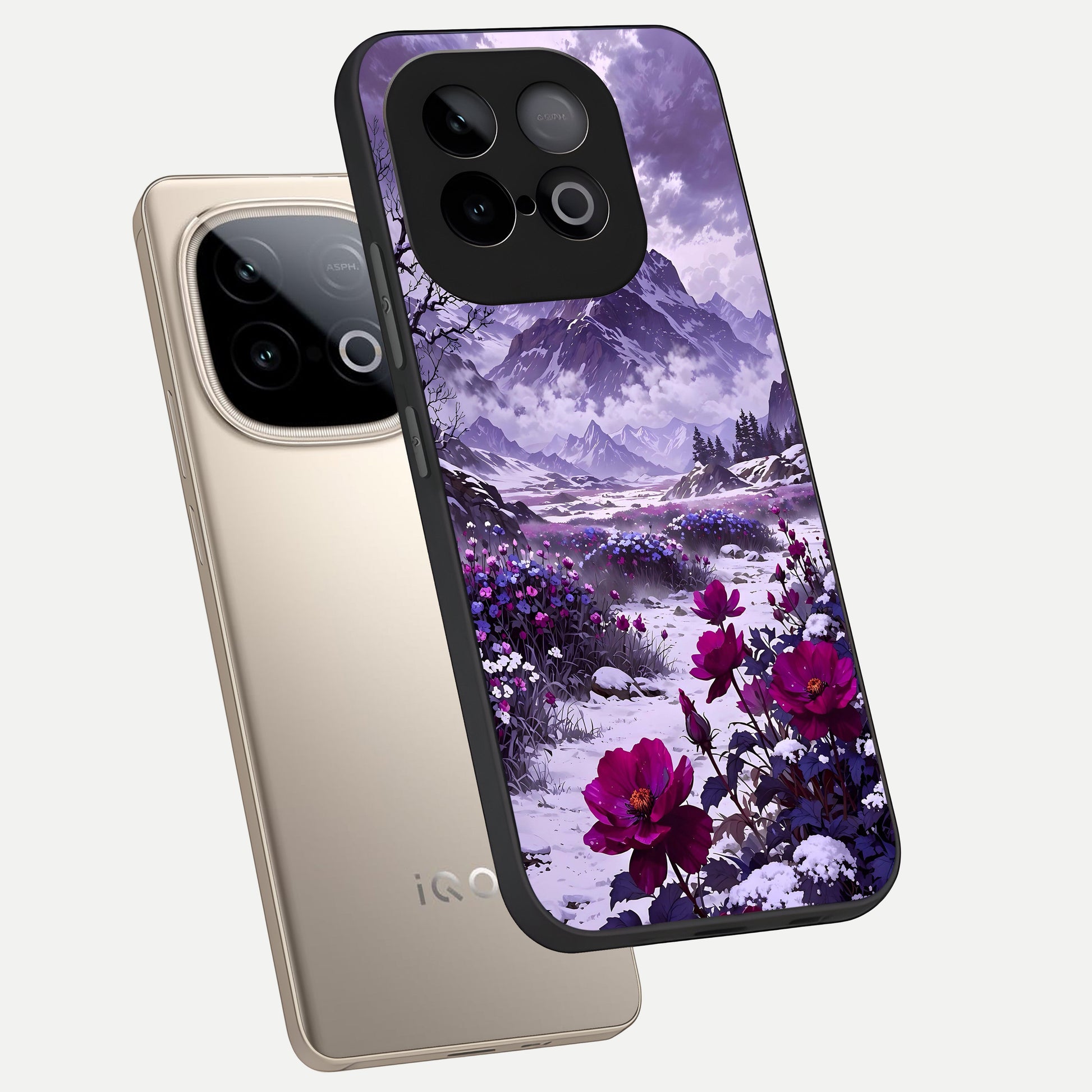 Flower Mountain View phone case for iQOO Neo 10 showing premium glass back cover with detailed artwork