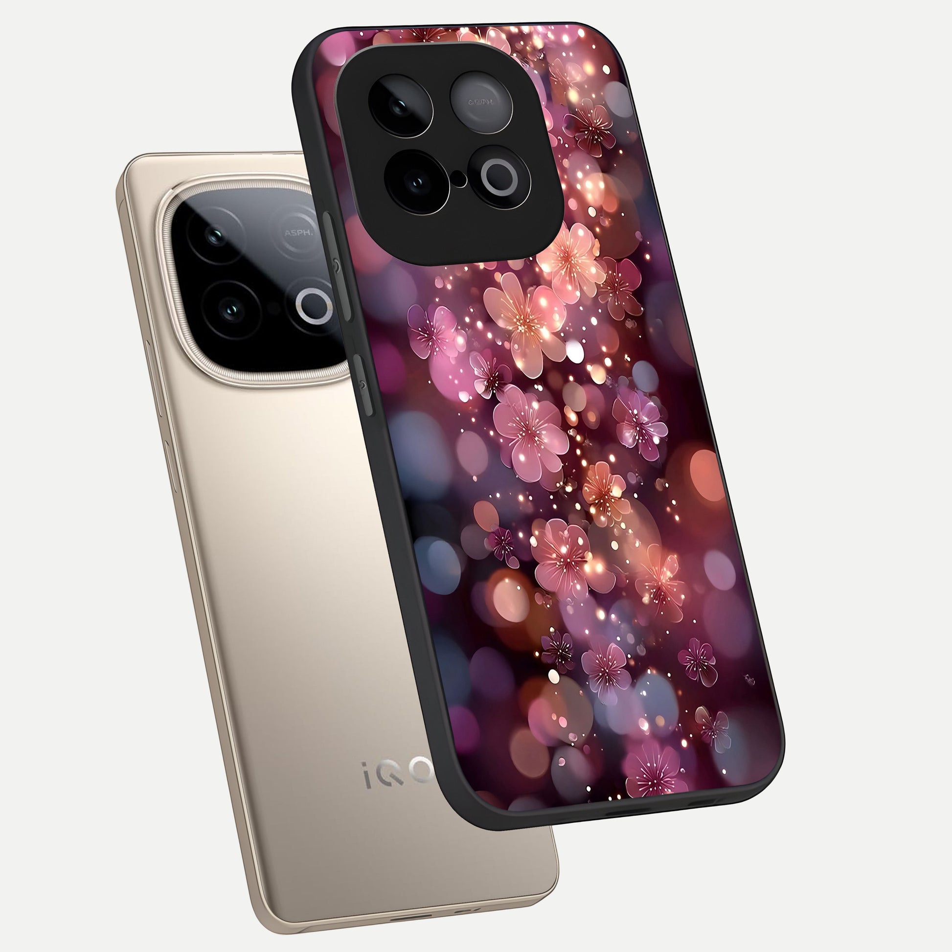  Glowing Petal Bliss phone case for iQOO Neo 10 showing premium glass back cover with detailed artwork