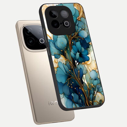  Golden Bloom Symphony phone case for iQOO Neo 10 showing premium glass back cover with detailed artwork