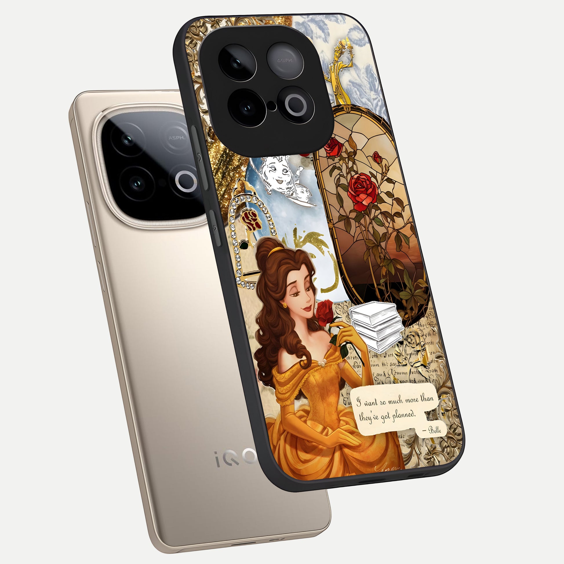  Golden Dream Belle phone case for iQOO Neo 10 showing premium glass back cover with detailed artwork