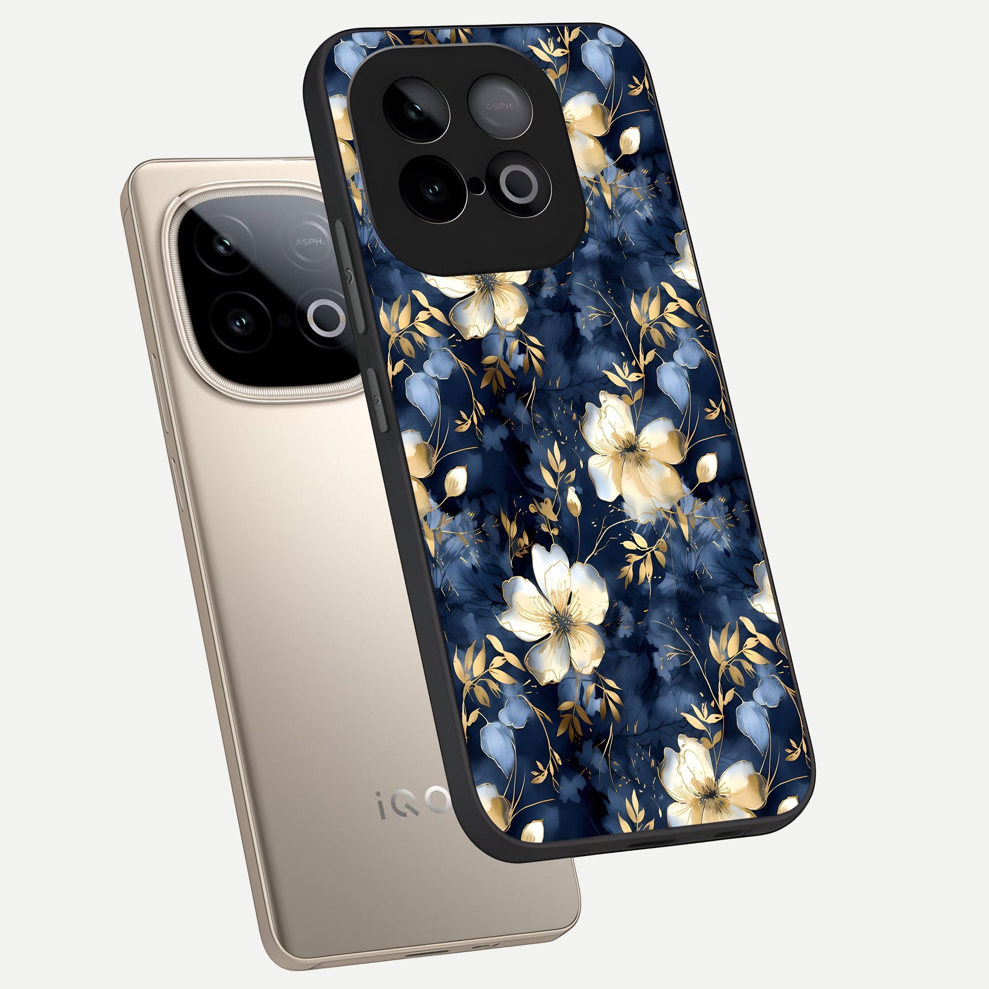  Golden Midnight Bloom phone case for iQOO Neo 10 showing premium glass back cover with detailed artwork