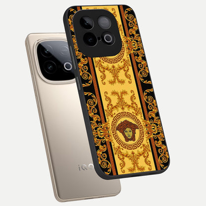 Golden Royal Heritage phone case for iQOO Neo 10 showing premium glass back cover with detailed artwork