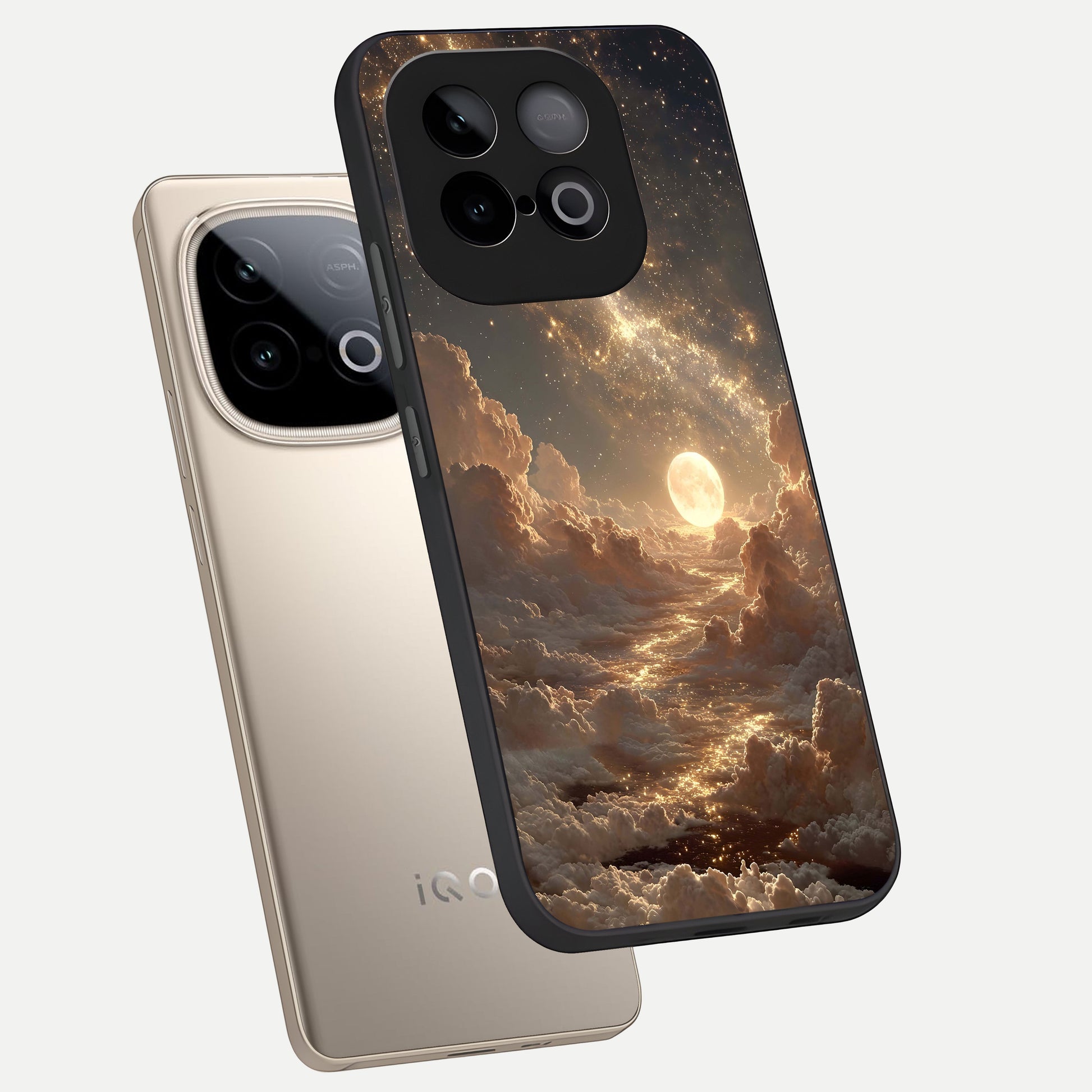  Golden Sky Dream phone case for iQOO Neo 10 showing premium glass back cover with detailed artwork