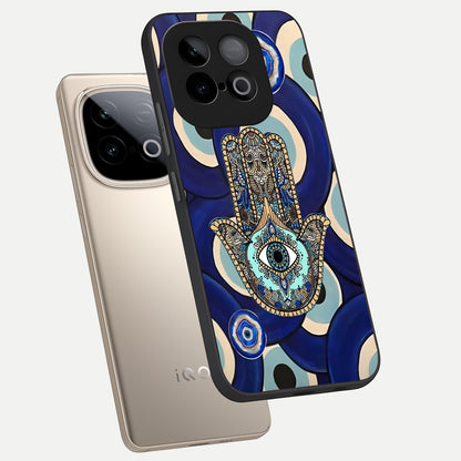  Hamsa Divine Guard phone case for iQOO Neo 10 showing premium glass back cover with detailed artwork