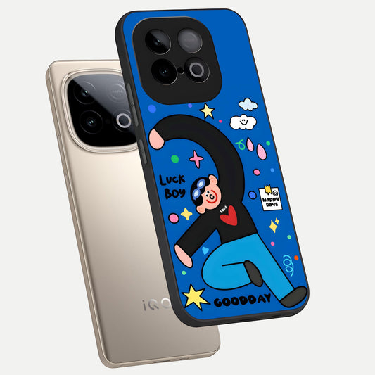  Happy Luck Vibe phone case for iQOO Neo 10 showing premium glass back cover with detailed artwork