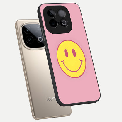  Happy Pink Mood phone case for iQOO Neo 10 showing premium glass back cover with detailed artwork