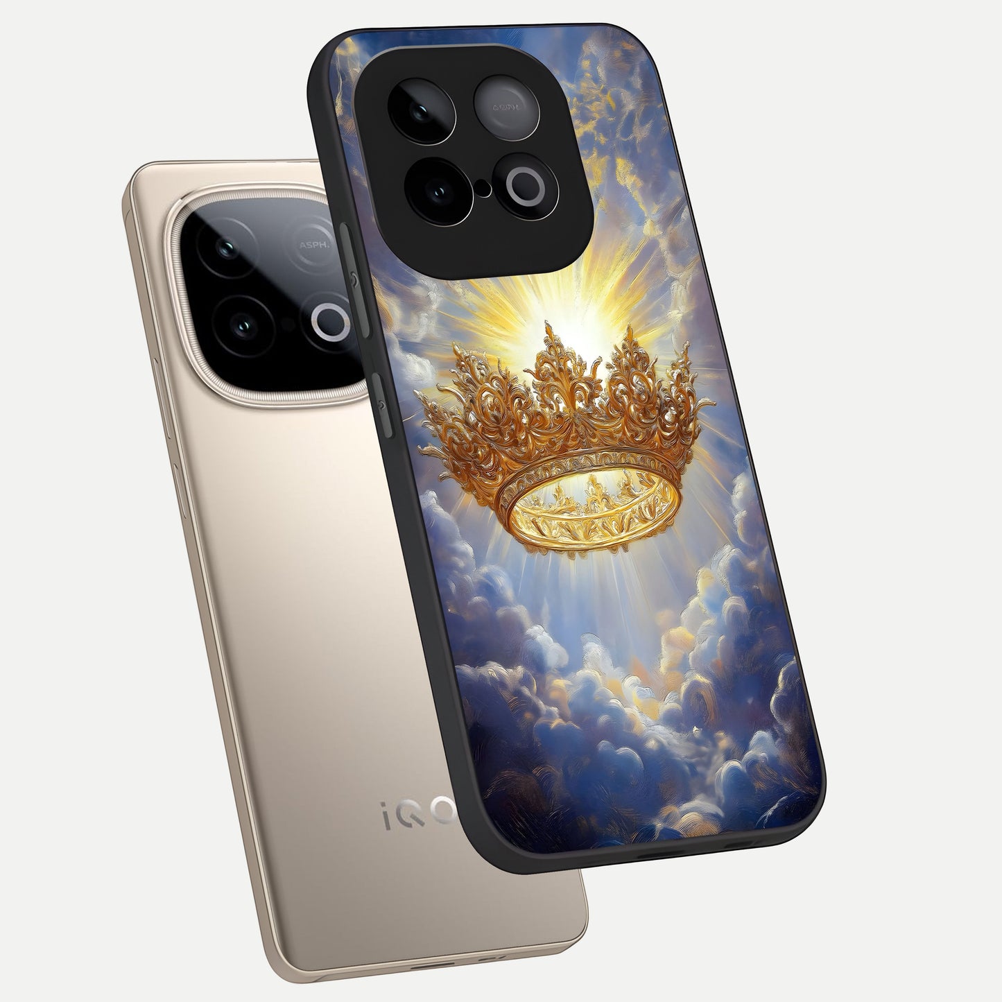  Heavenly Crown Light phone case for iQOO Neo 10 showing premium glass back cover with detailed artwork