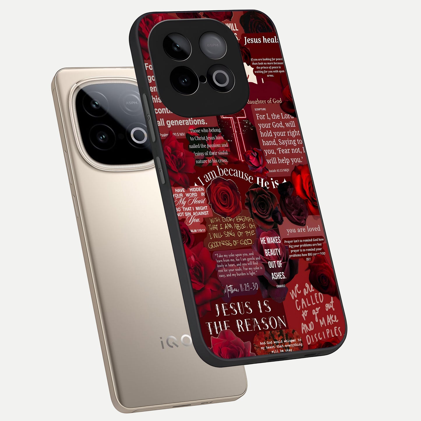  Jesus Love Heals phone case for iQOO Neo 10 showing premium glass back cover with detailed artwork
