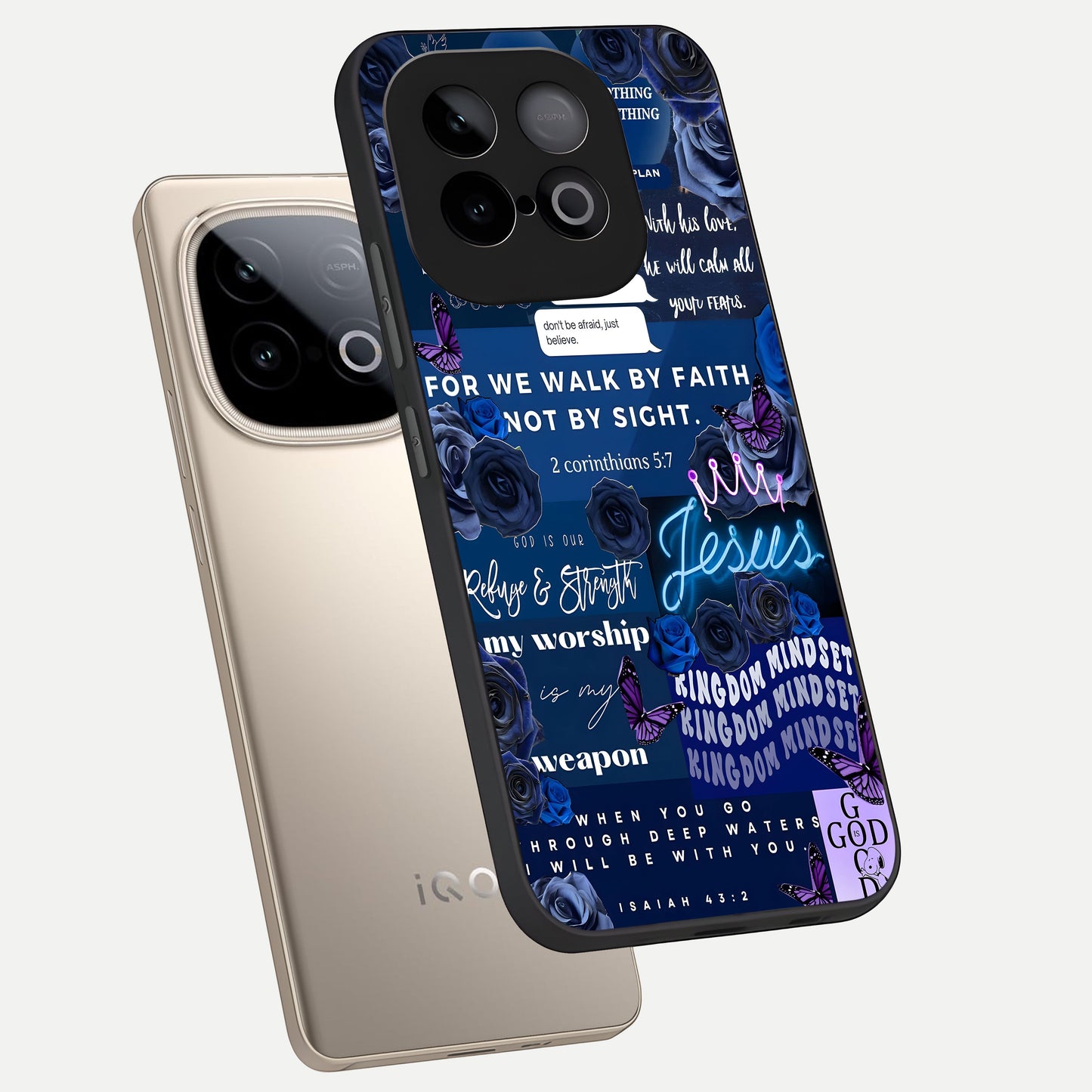  Kingdom Faith Glow phone case for iQOO Neo 10 showing premium glass back cover with detailed artwork
